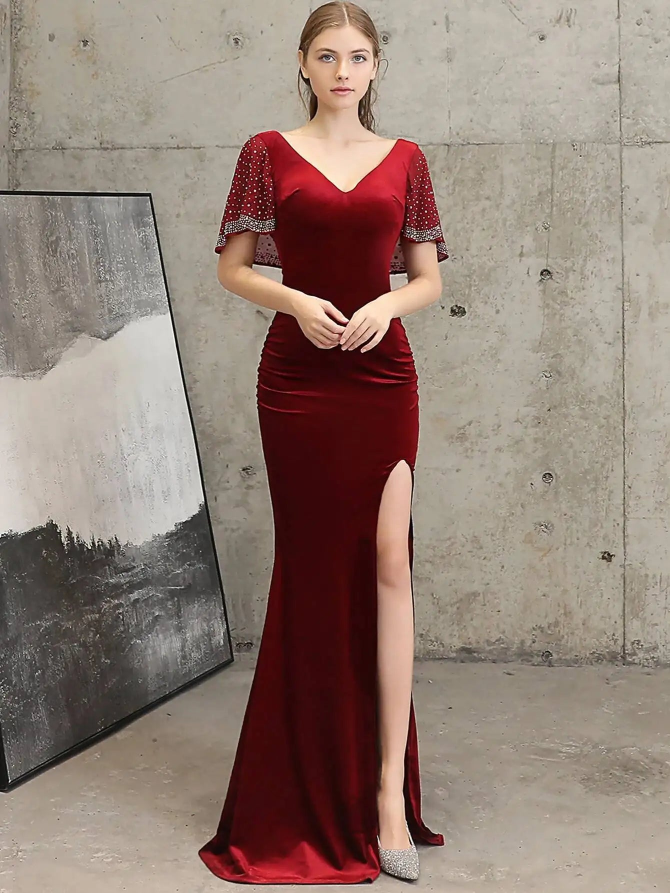 Candy Backless Rhinestone Wine Maxi Dress