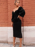 Vespera Black Puff Sleeve Midi Dress