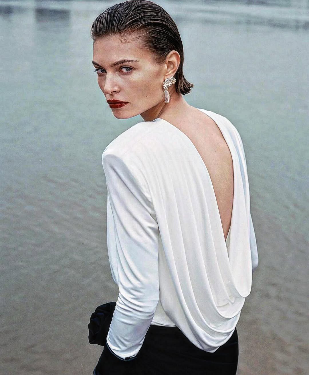 Elegance White Deep Cowl Back Top