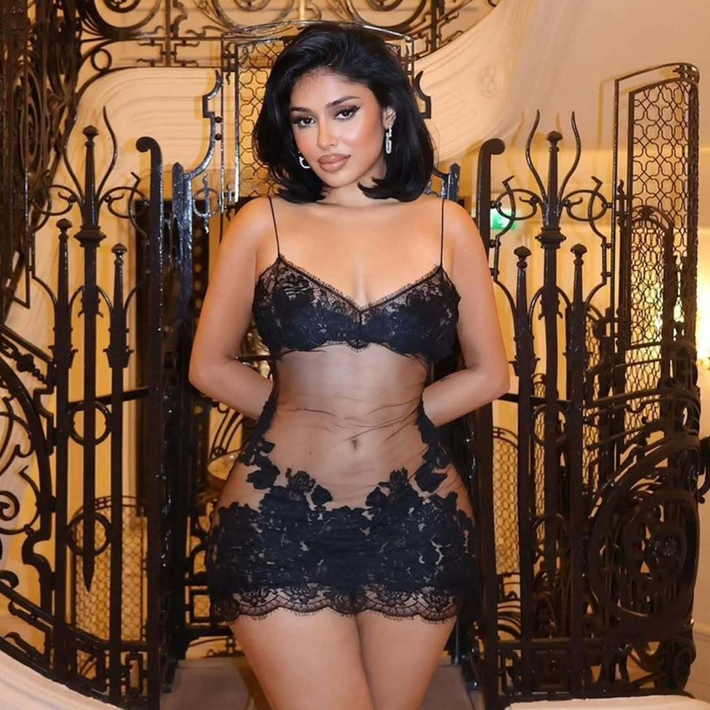 Halo Black Sheer Lace Mini Dress