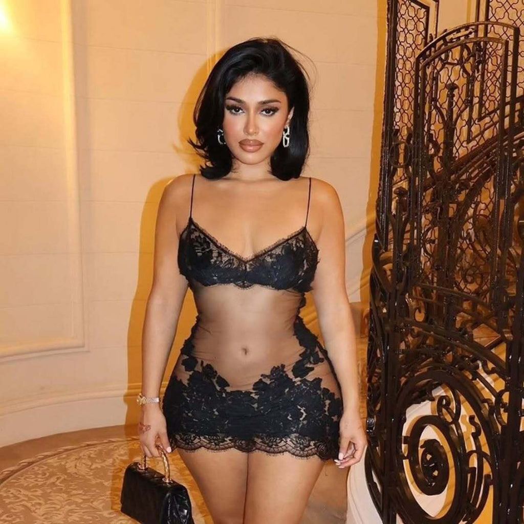Halo Black Sheer Lace Mini Dress