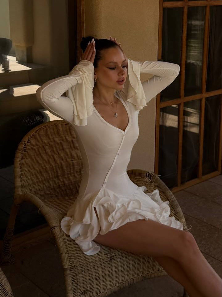 Elise Ruffled Long Sleeve White Mini Dress