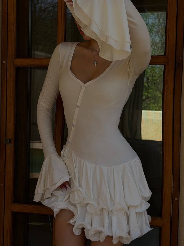 Elise Ruffled Long Sleeve White Mini Dress