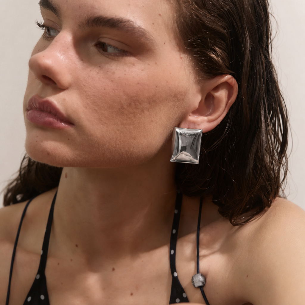 Bold Silver Square Dome Earrings