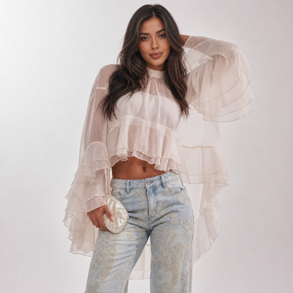 Aura Ivory Cascade Ruffle Top