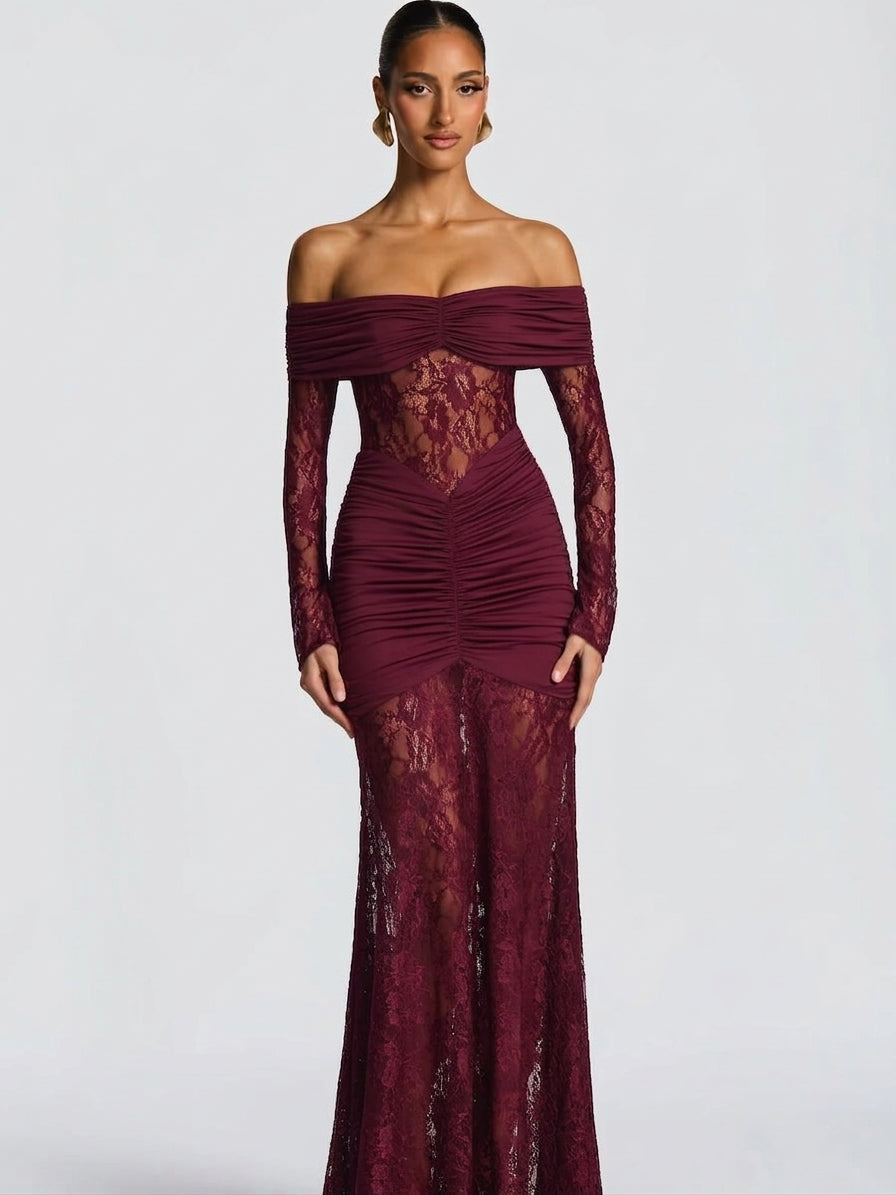 Evelyn See Through Lace Wine Maxi Dress