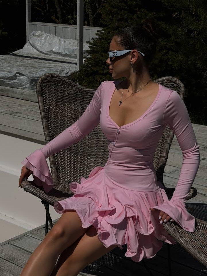 Elise Ruffled Long Sleeve Pink Mini Dress
