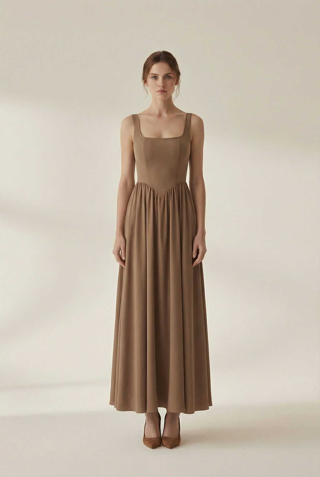 Olivia Skye Backless Flared Brown Maxi Dress