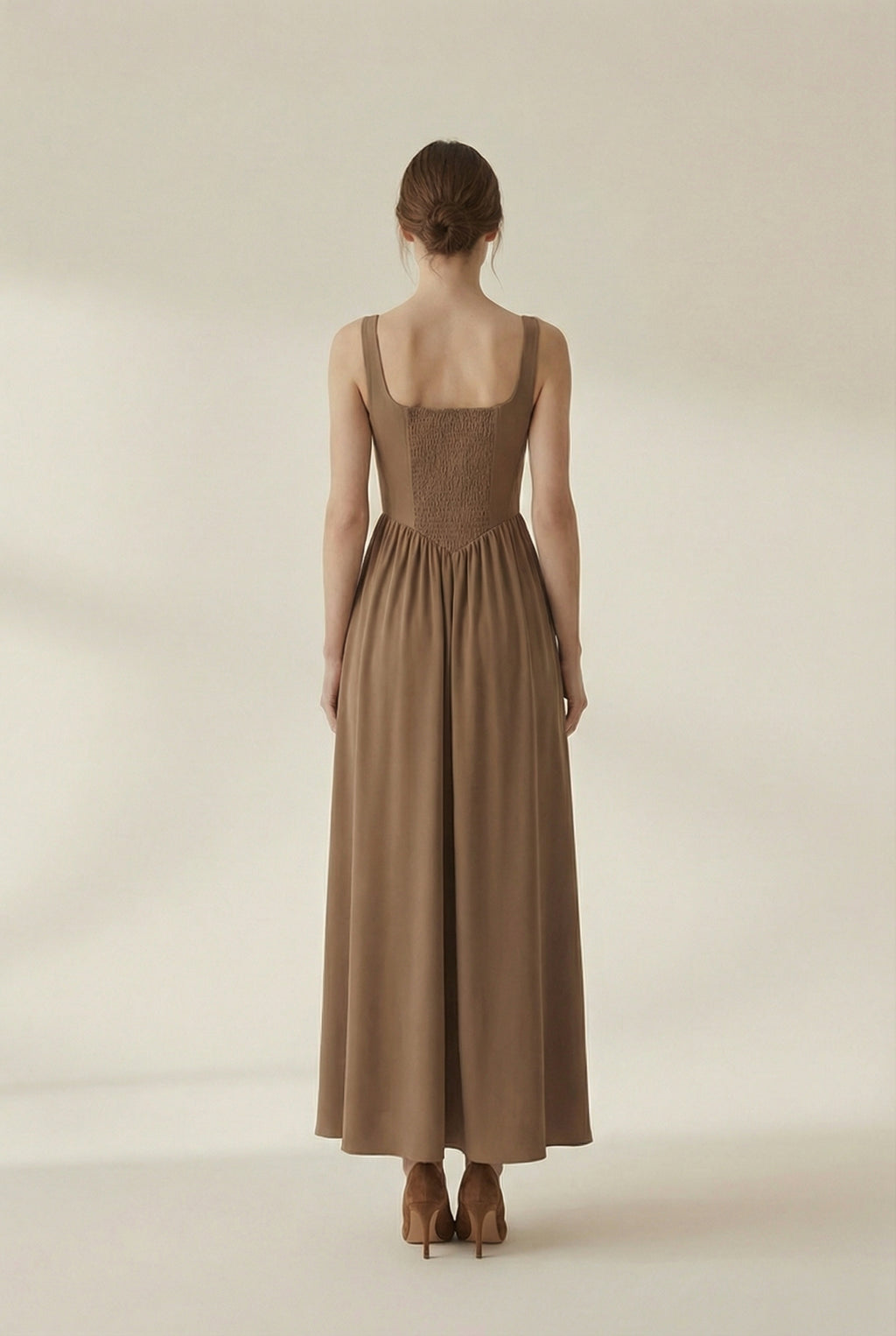 Olivia Skye Backless Flared Brown Maxi Dress