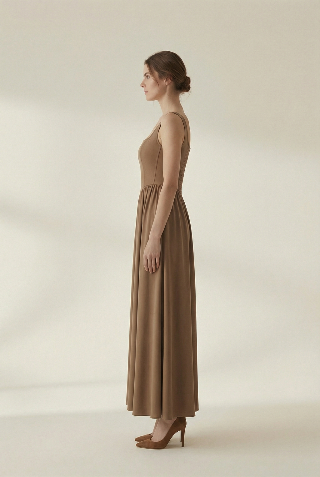 Olivia Skye Backless Flared Brown Maxi Dress