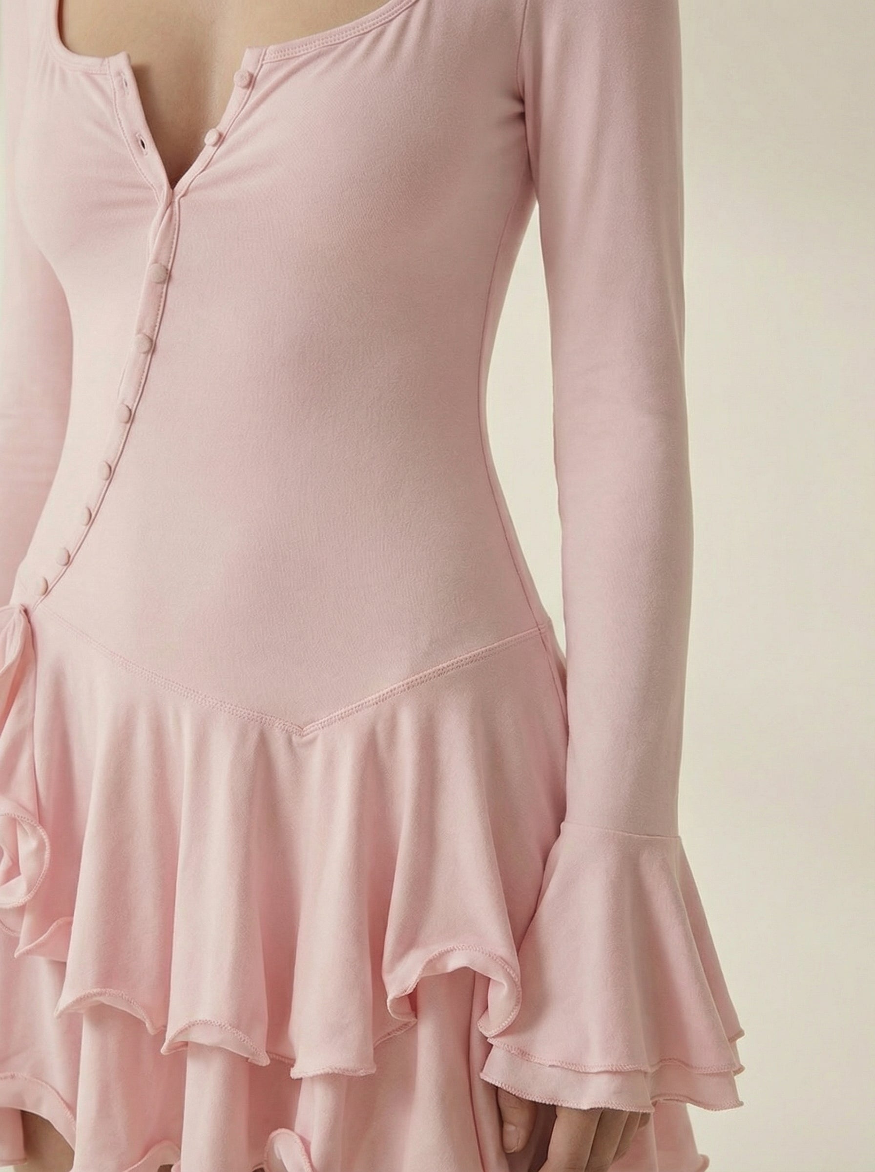 Elise Ruffled Long Sleeve Pink Mini Dress