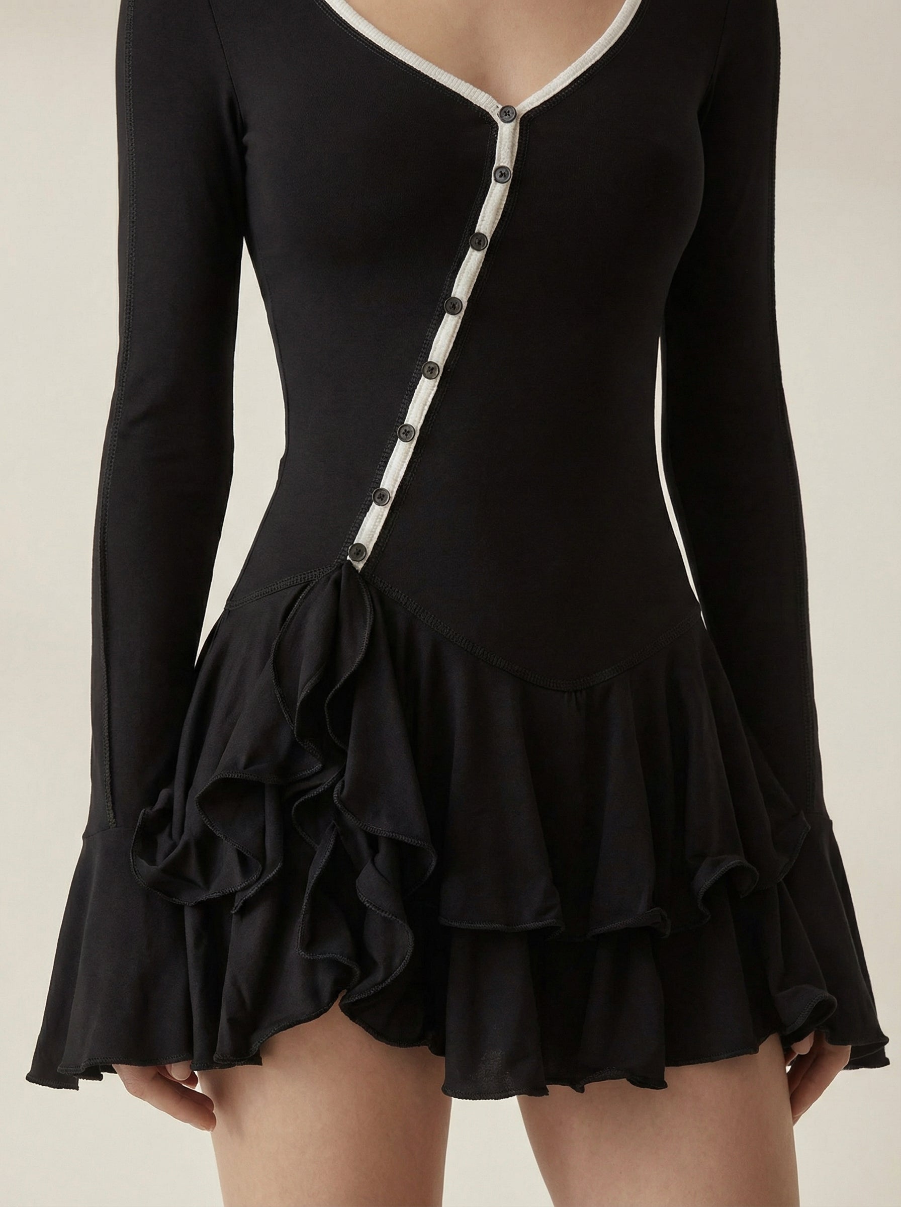Elise Ruffled Long Sleeve Black Mini Dress