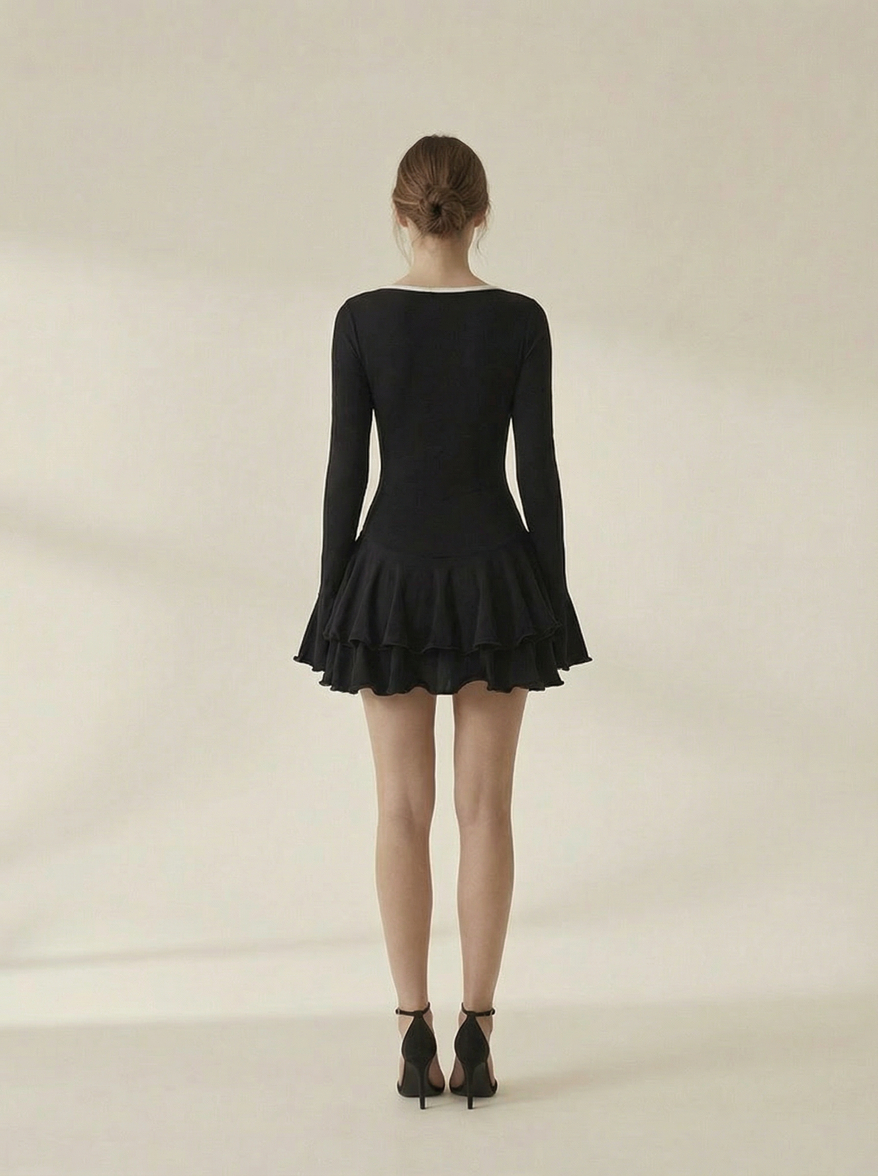 Elise Ruffled Long Sleeve Black Mini Dress
