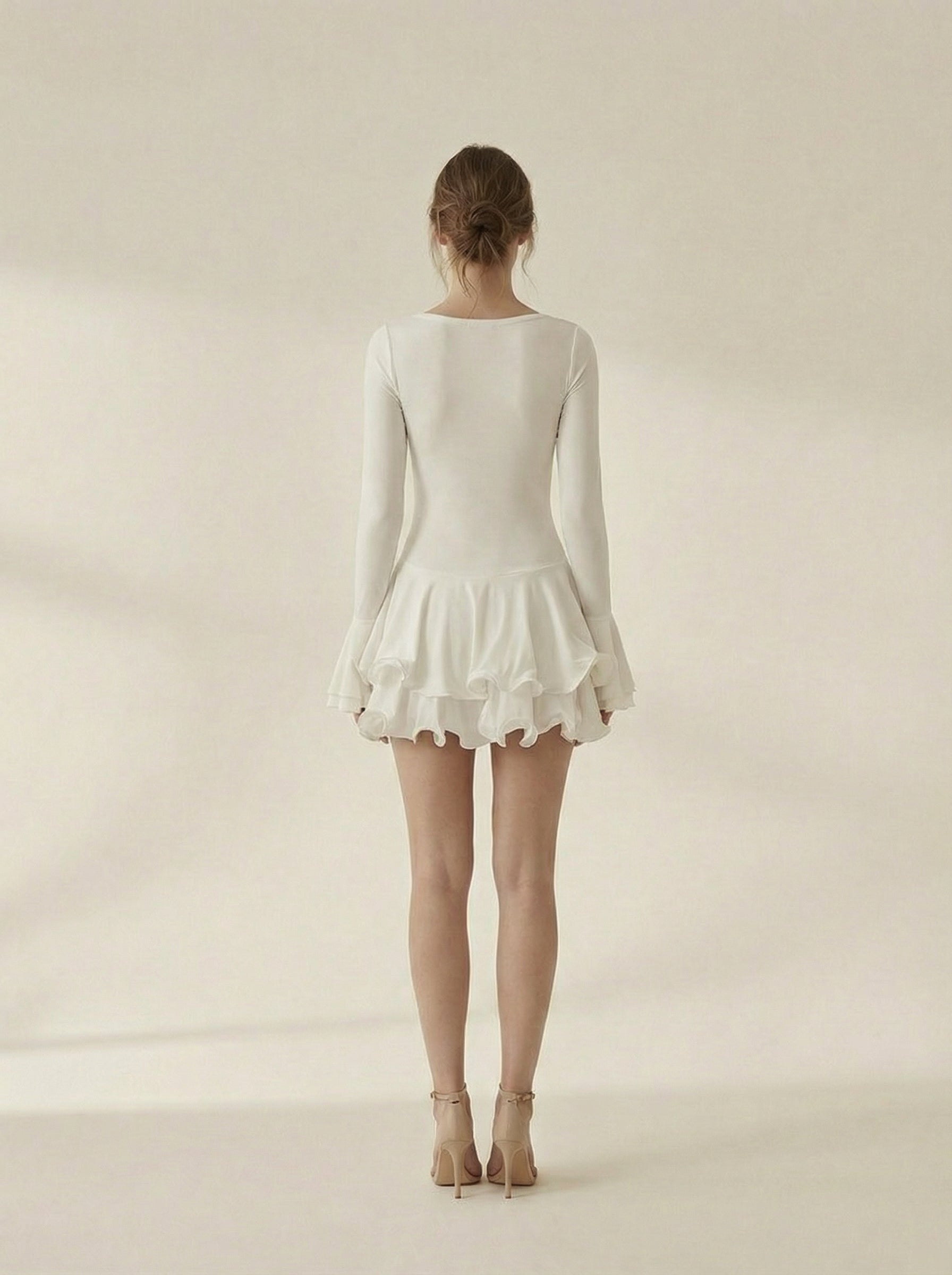 Elise Ruffled Long Sleeve White Mini Dress