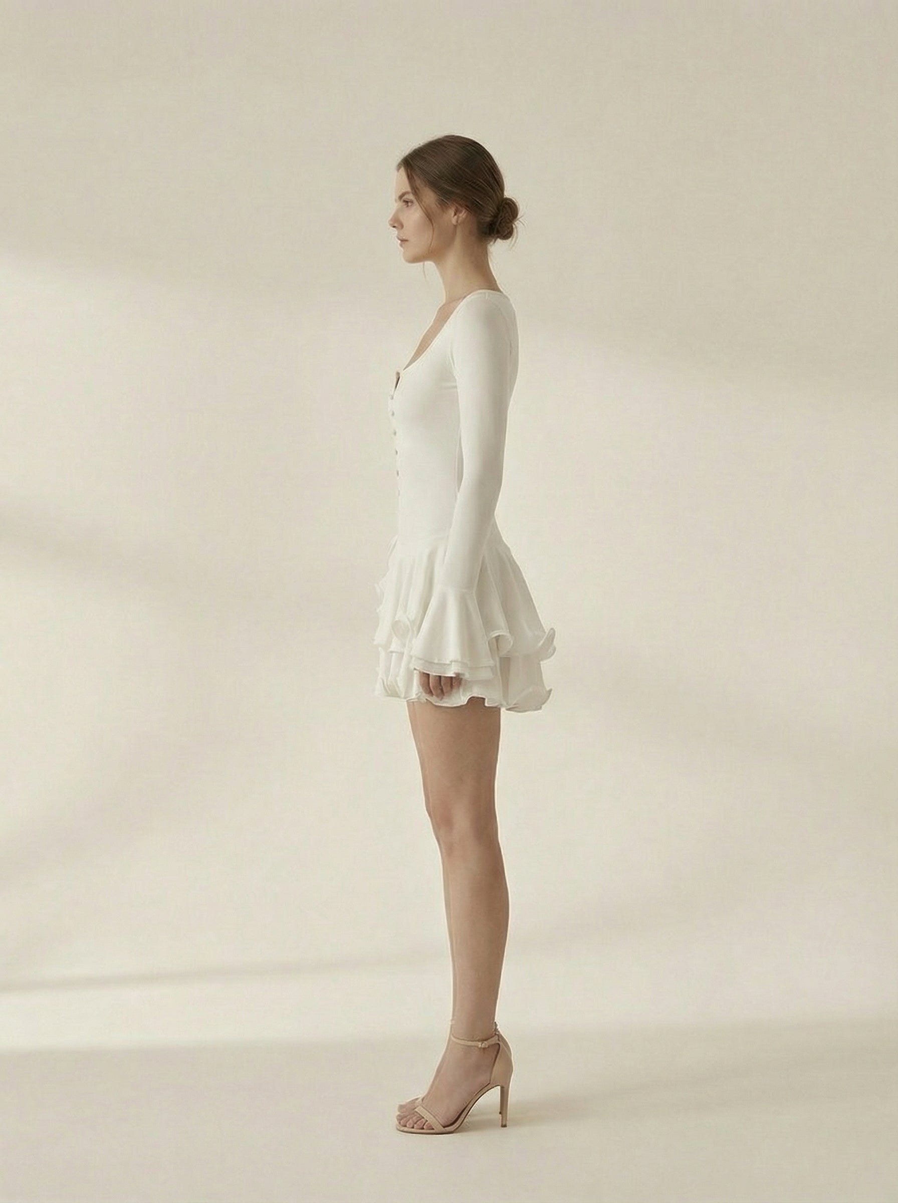 Elise Ruffled Long Sleeve White Mini Dress