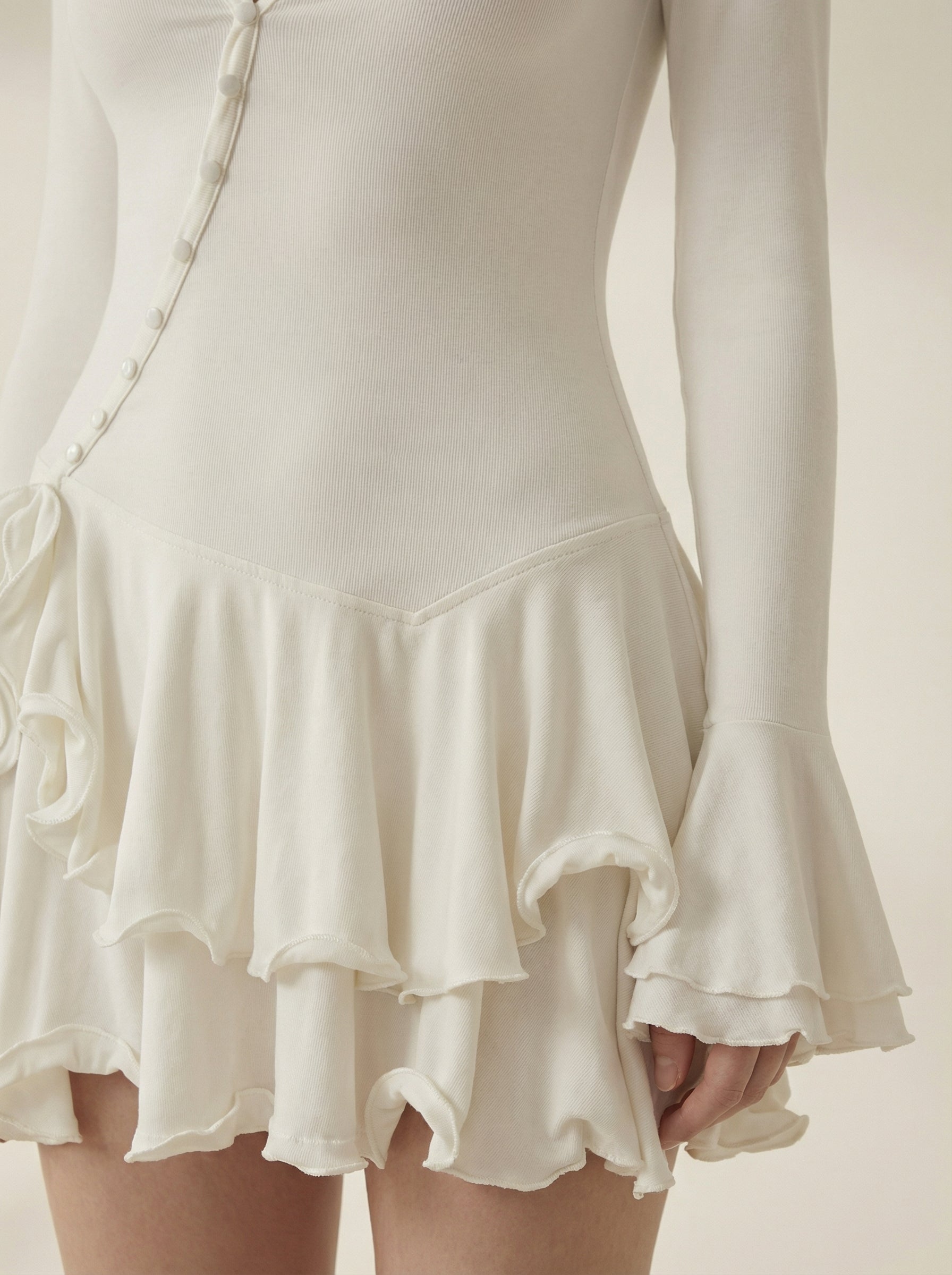 Elise Ruffled Long Sleeve White Mini Dress