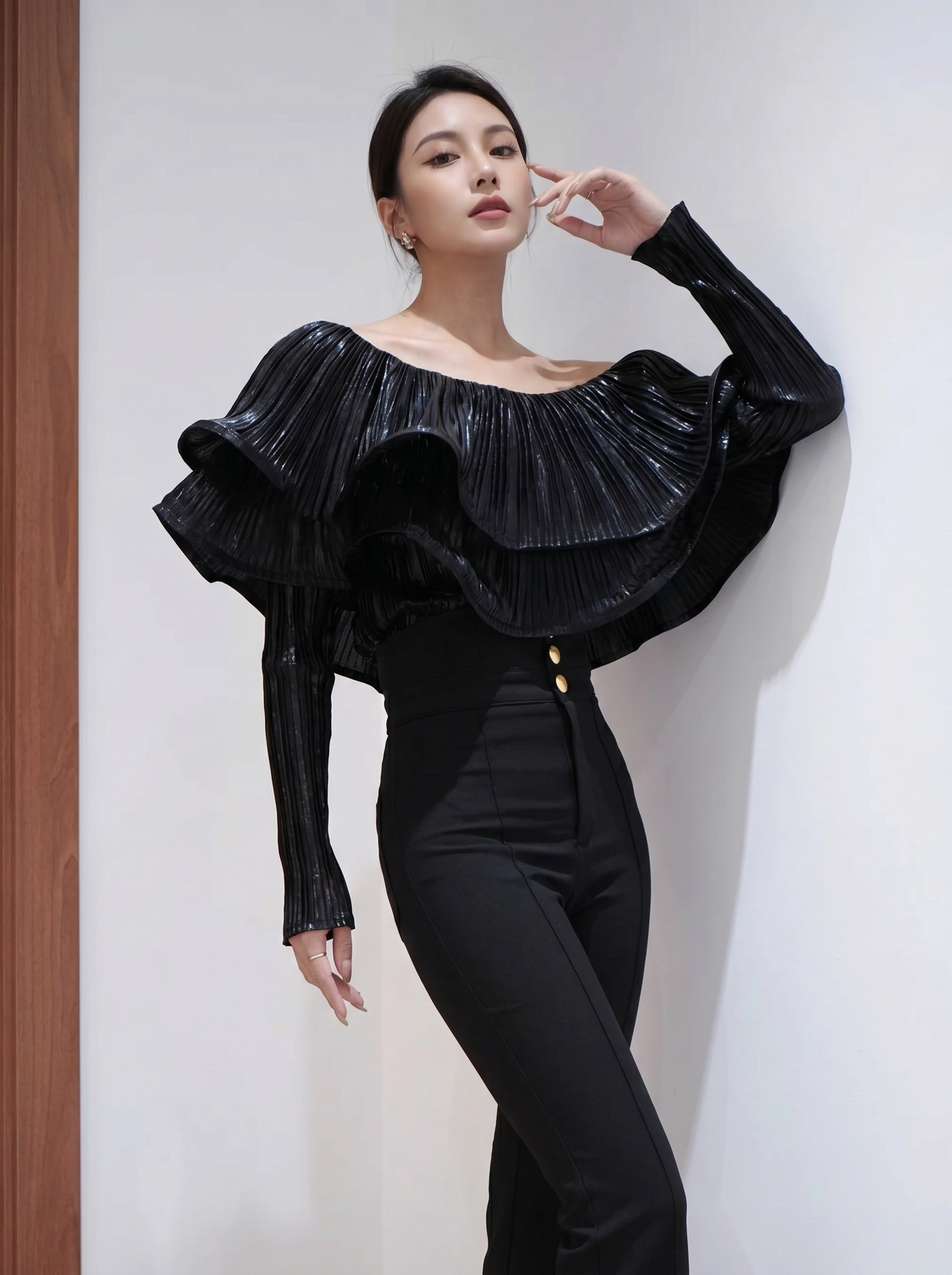 Glam Black Pleated Ruffle Top