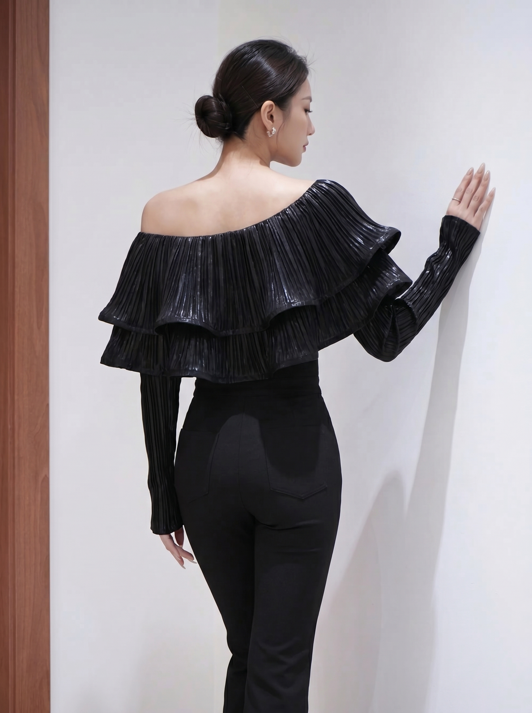 Glam Black Pleated Ruffle Top