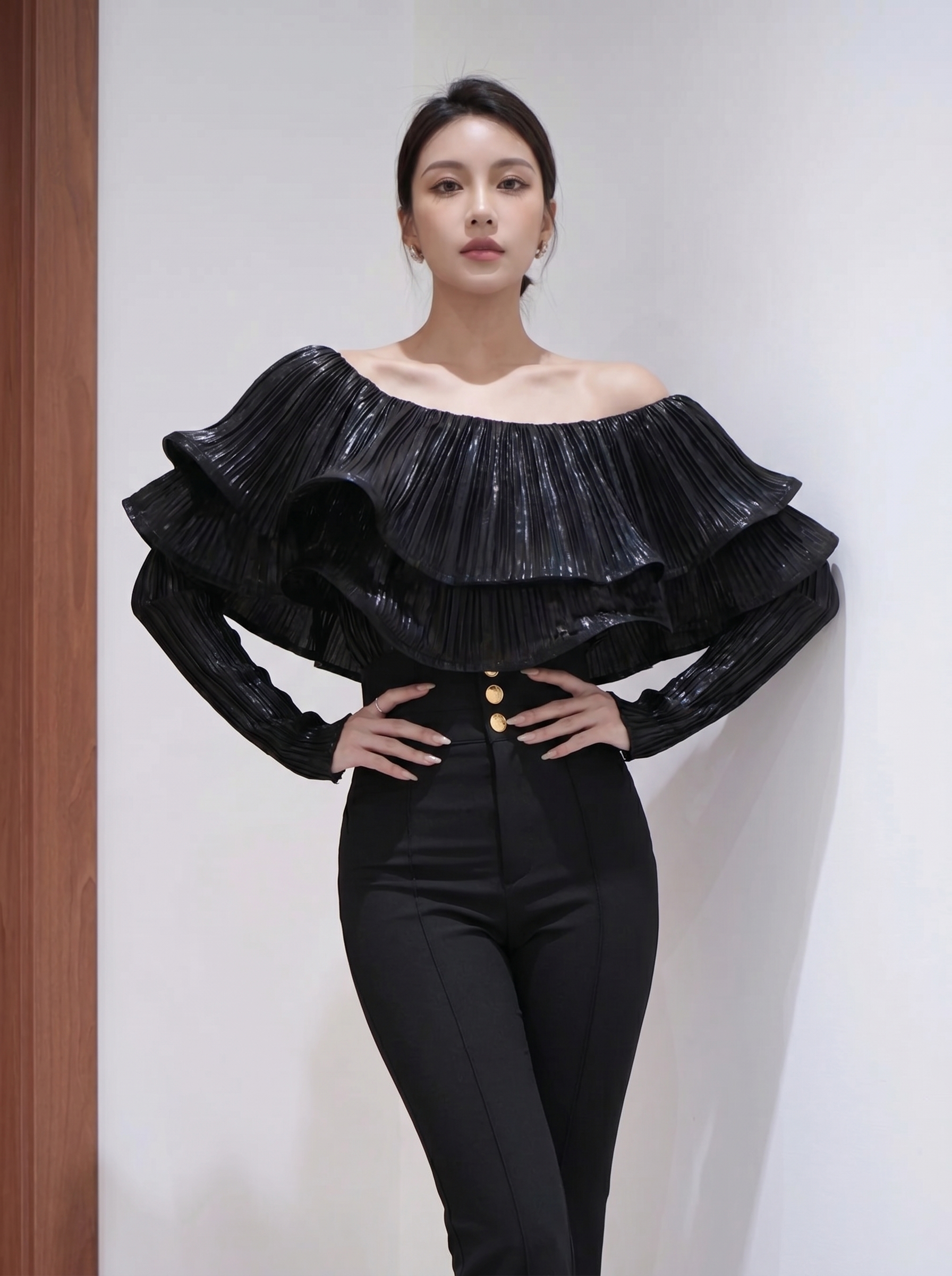 Glam Black Pleated Ruffle Top