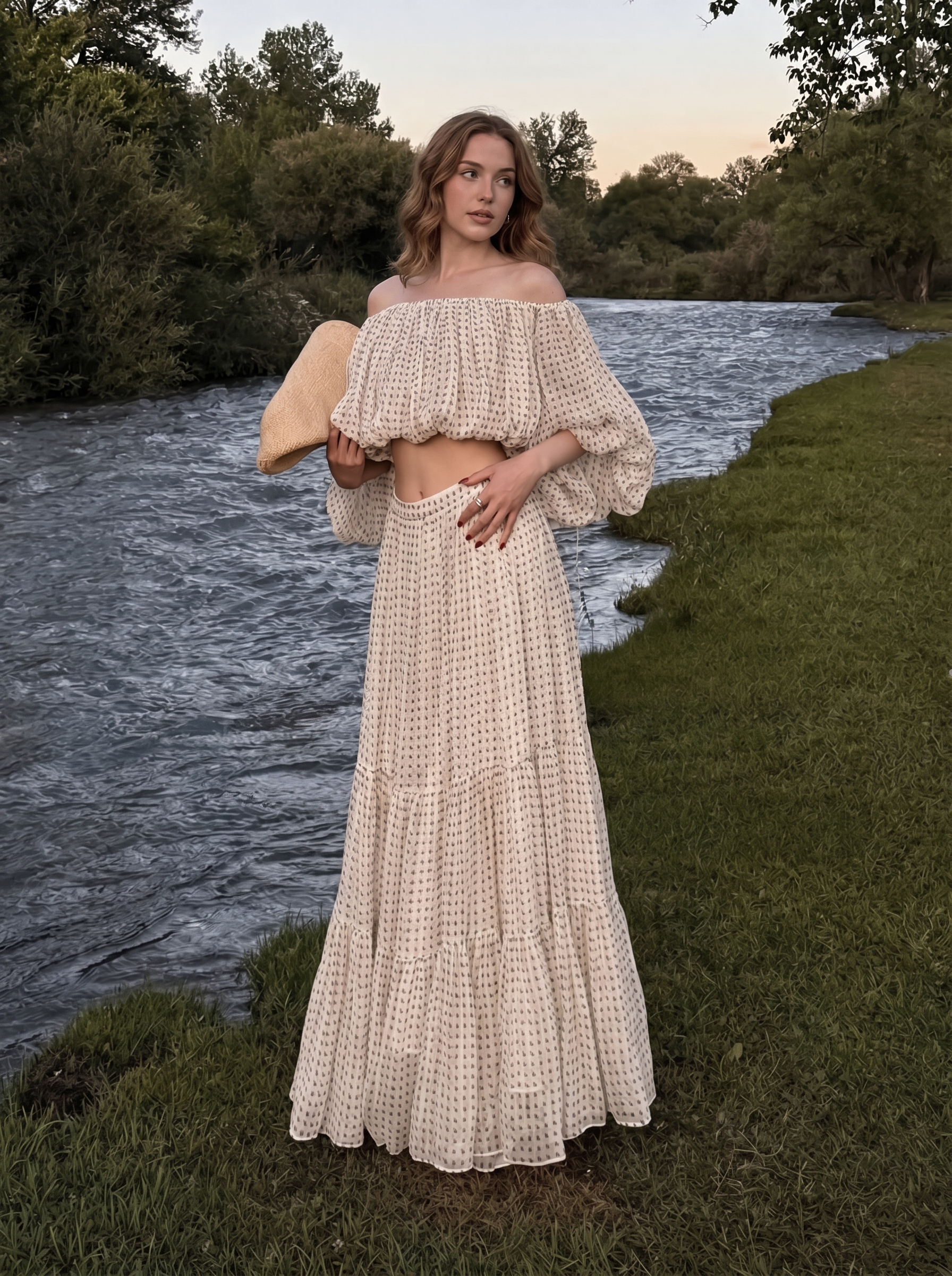 Sunday Morning Ivory Polka‑Dot Maxi Skirt