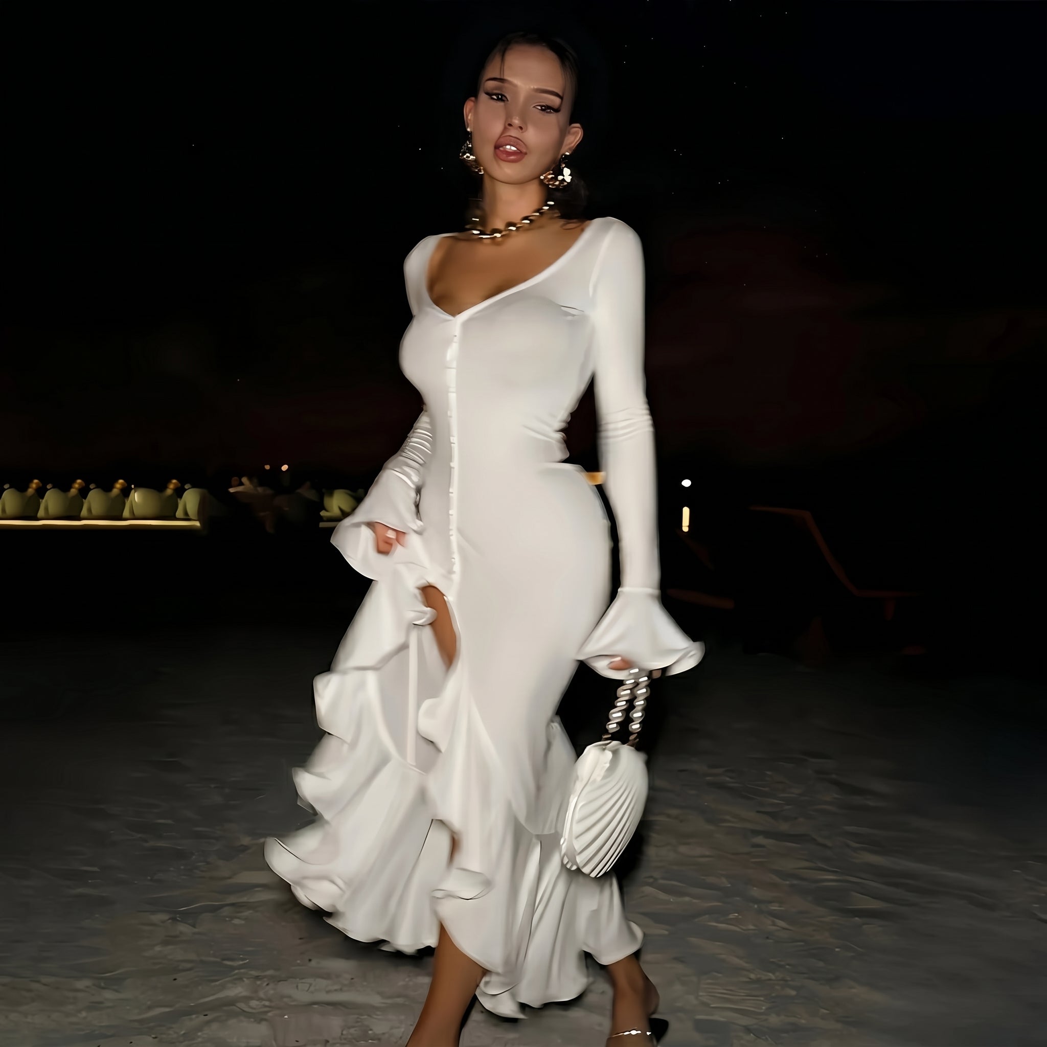 Audrey White Ruffled Midi Dress
