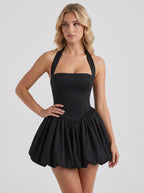 Camellia Black Bubble Hem Mini Dress