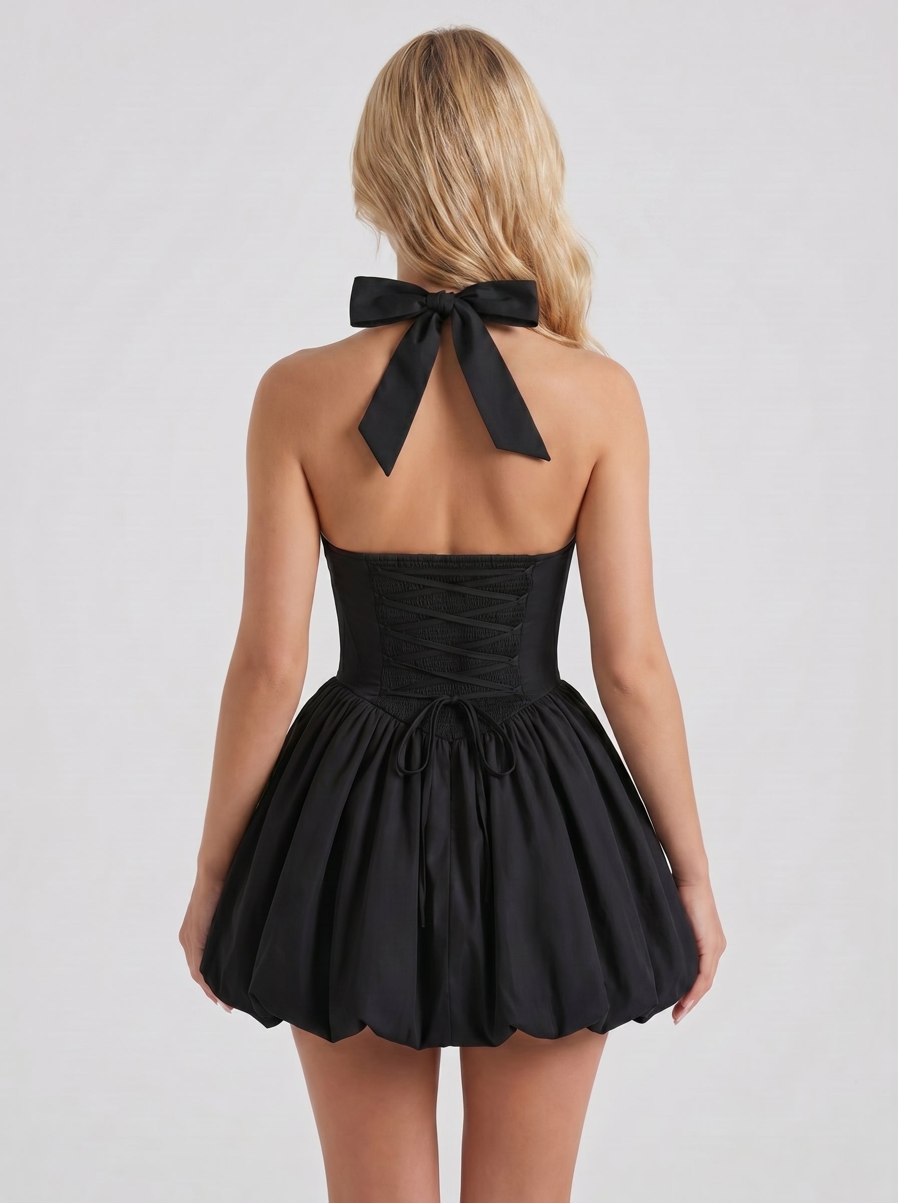 Camellia Black Bubble Hem Mini Dress