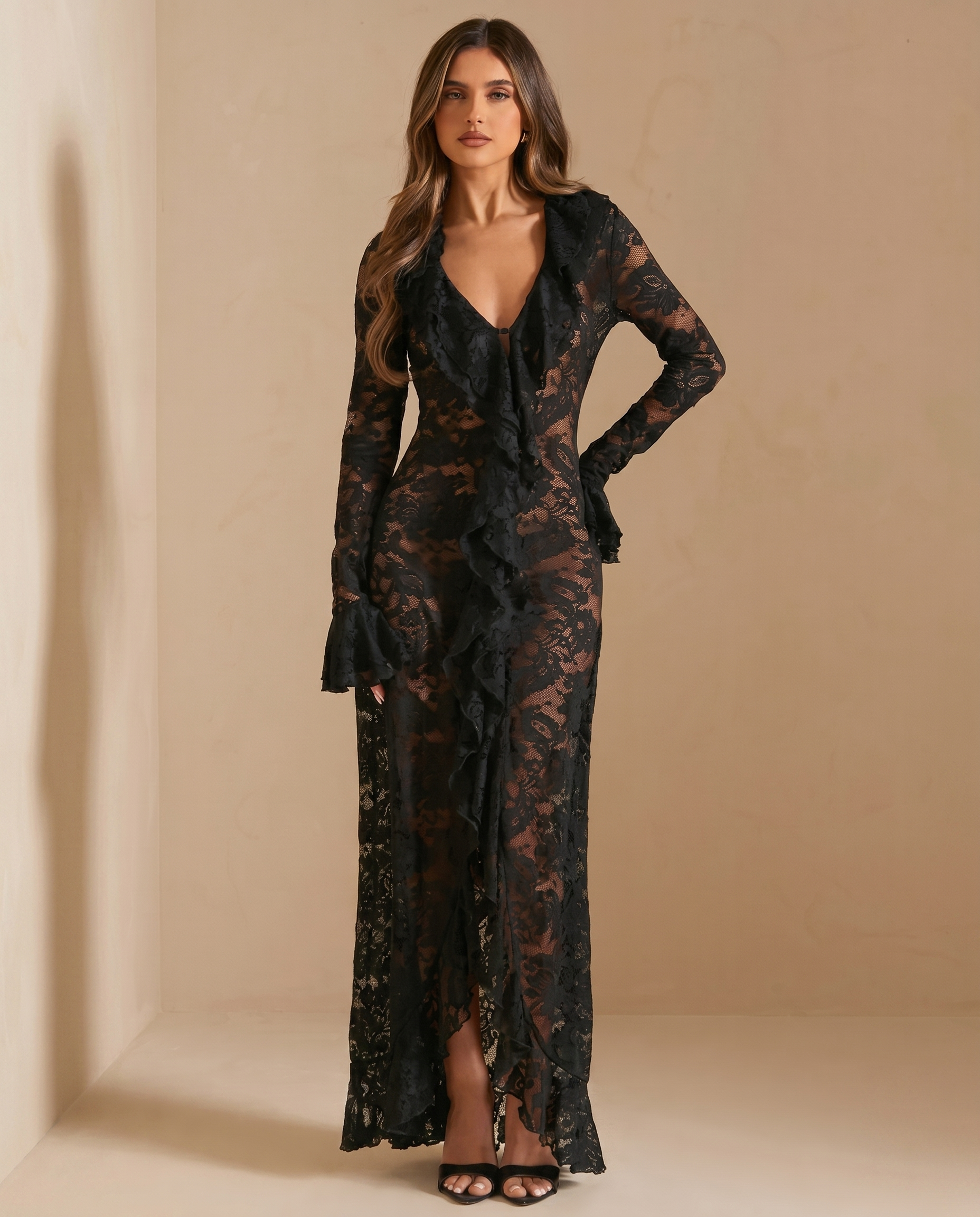 Carmen Black Sheer Lace Maxi Dress