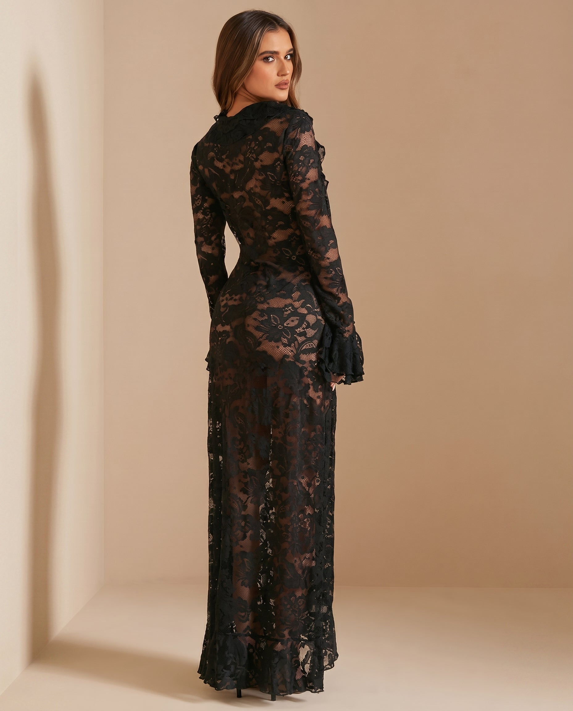 Carmen Black Sheer Lace Maxi Dress