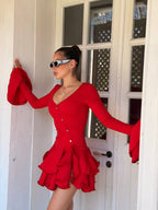 Elise Ruffled Long Sleeve Red Mini Dress
