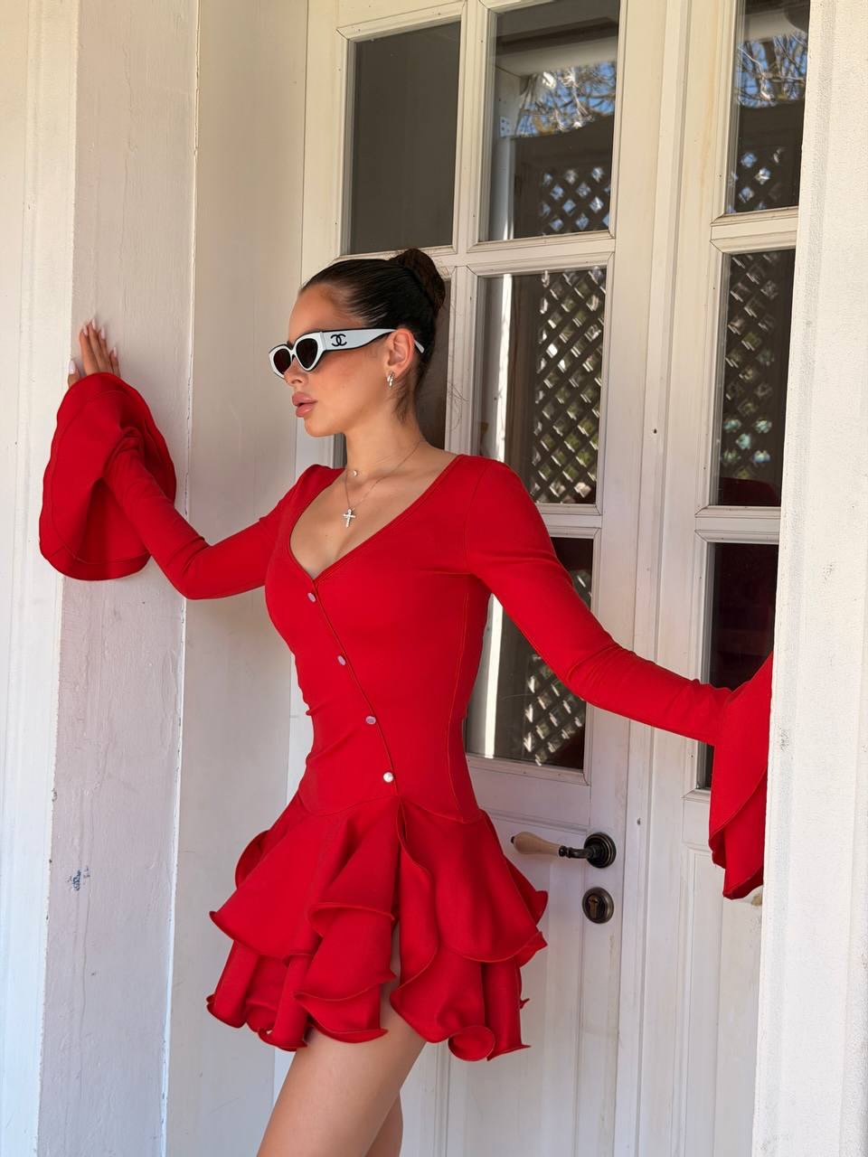 Elise Ruffled Long Sleeve Red Mini Dress
