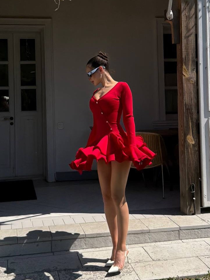 Elise Ruffled Long Sleeve Red Mini Dress