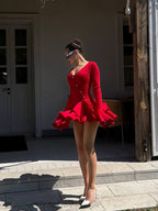 Elise Ruffled Long Sleeve Red Mini Dress