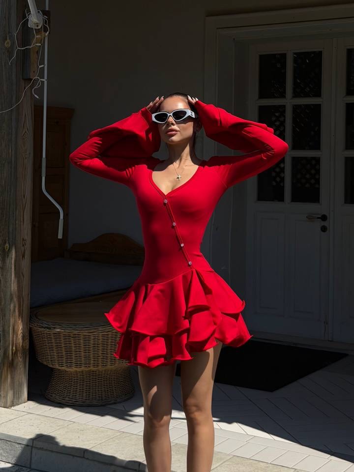 Elise Ruffled Long Sleeve Red Mini Dress