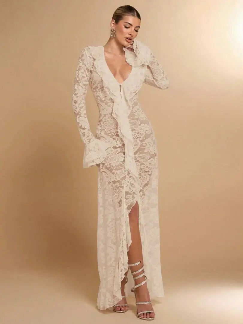 Carmen White Sheer Lace Maxi Dress