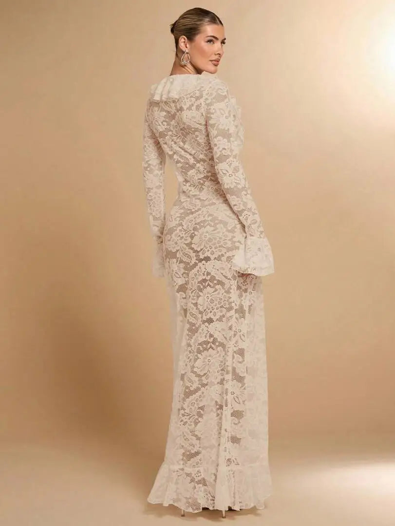 Carmen White Sheer Lace Maxi Dress