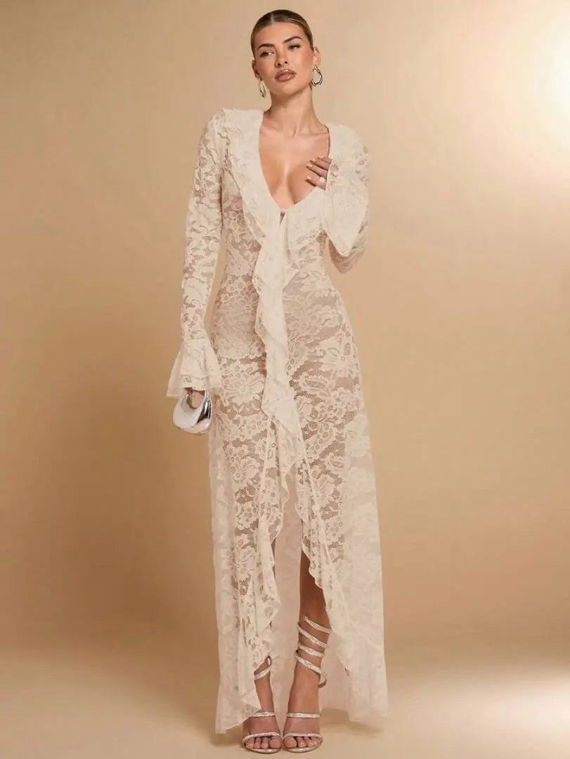 Carmen White Sheer Lace Maxi Dress