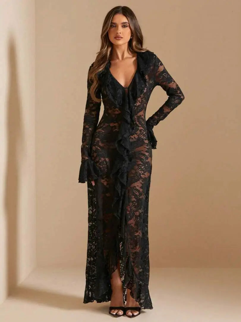 Carmen Black Sheer Lace Maxi Dress