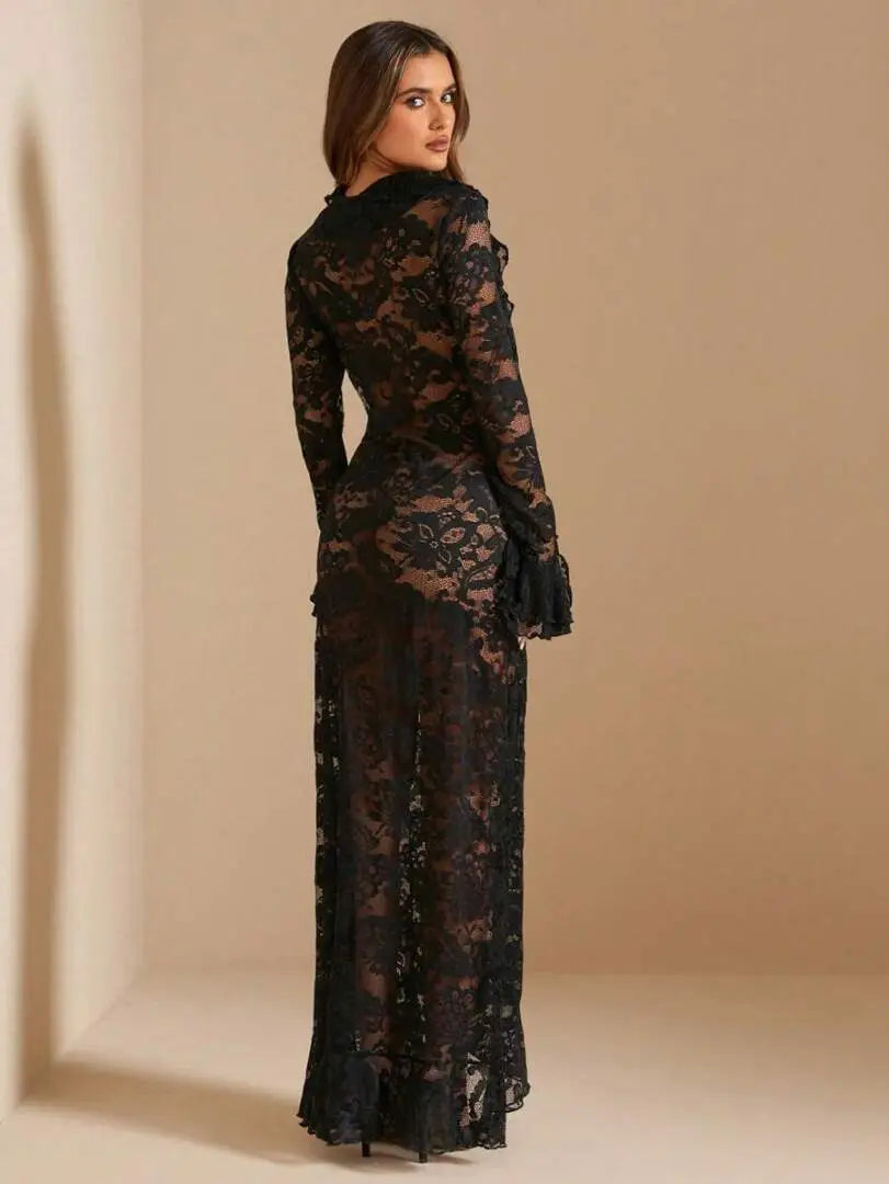 Carmen Black Sheer Lace Maxi Dress