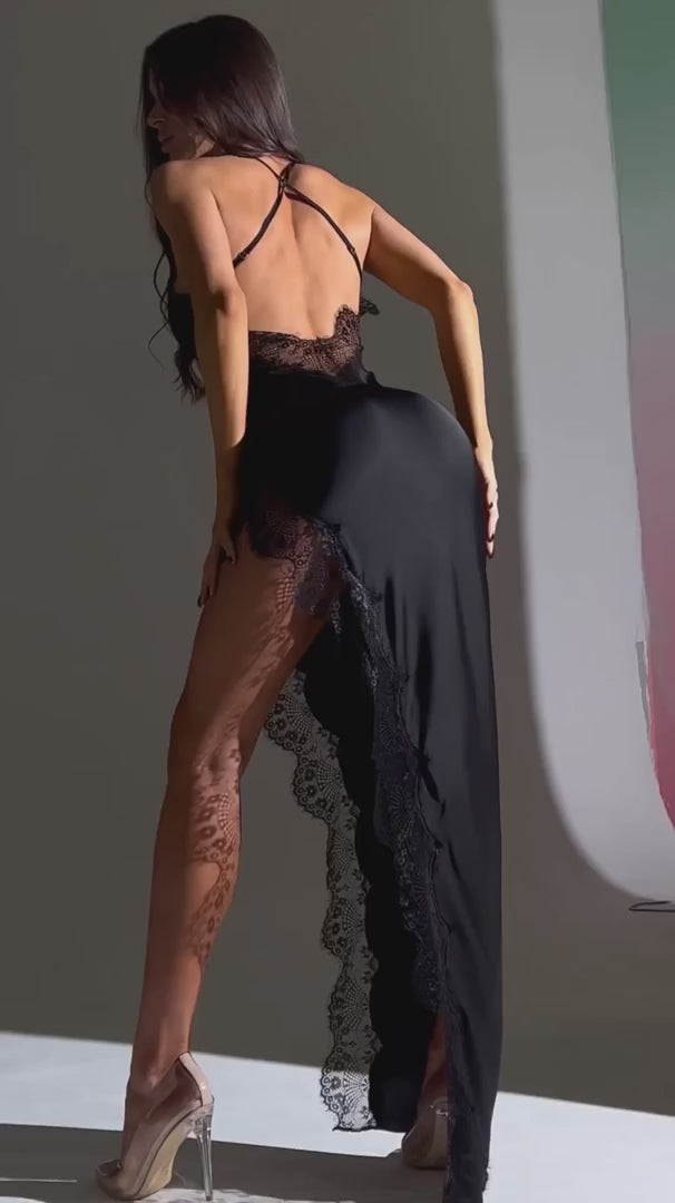 Sophie Bloom Black Backless Lace Midi Dress