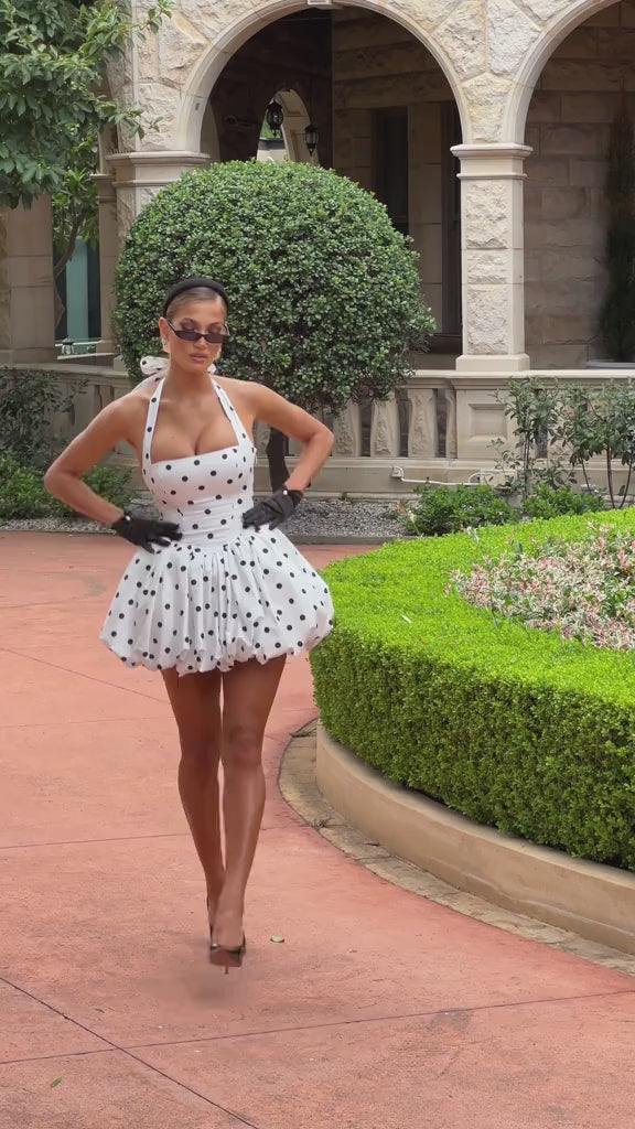 Camellia White Polka-Dot Bubble Hem Mini Dress