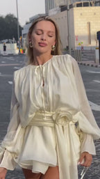 Mia White Long Sleeve Mini Dress with Flowered Belt