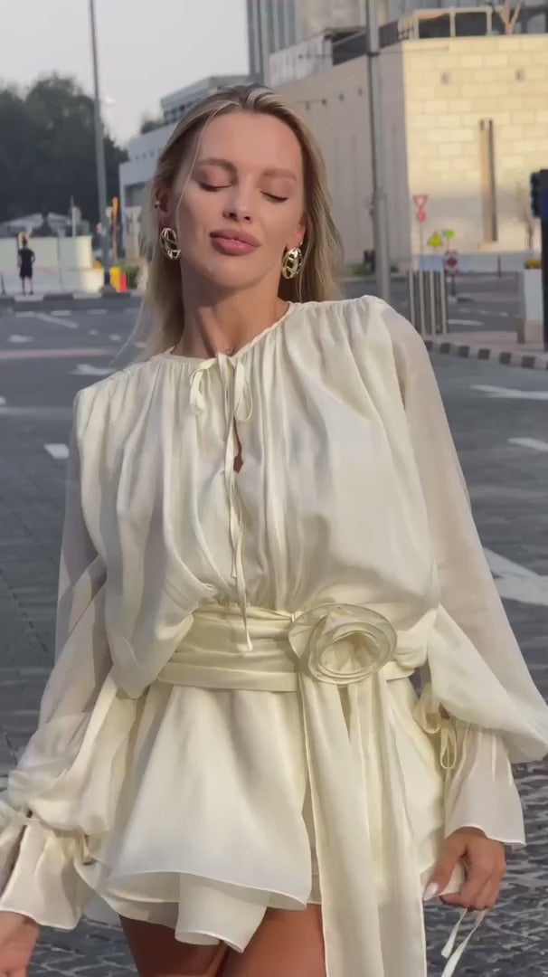 Mia White Long Sleeve Mini Dress with Flowered Belt