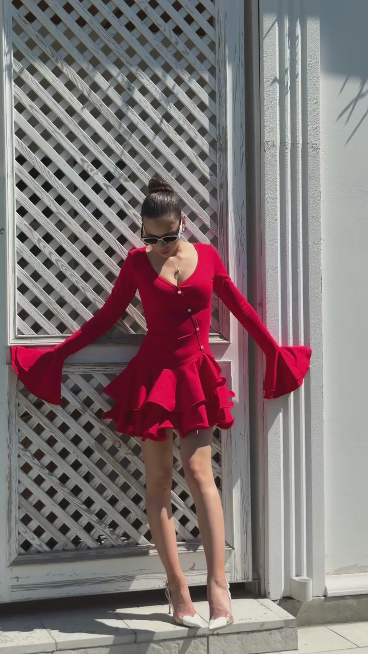 Elise Ruffled Long Sleeve Red Mini Dress
