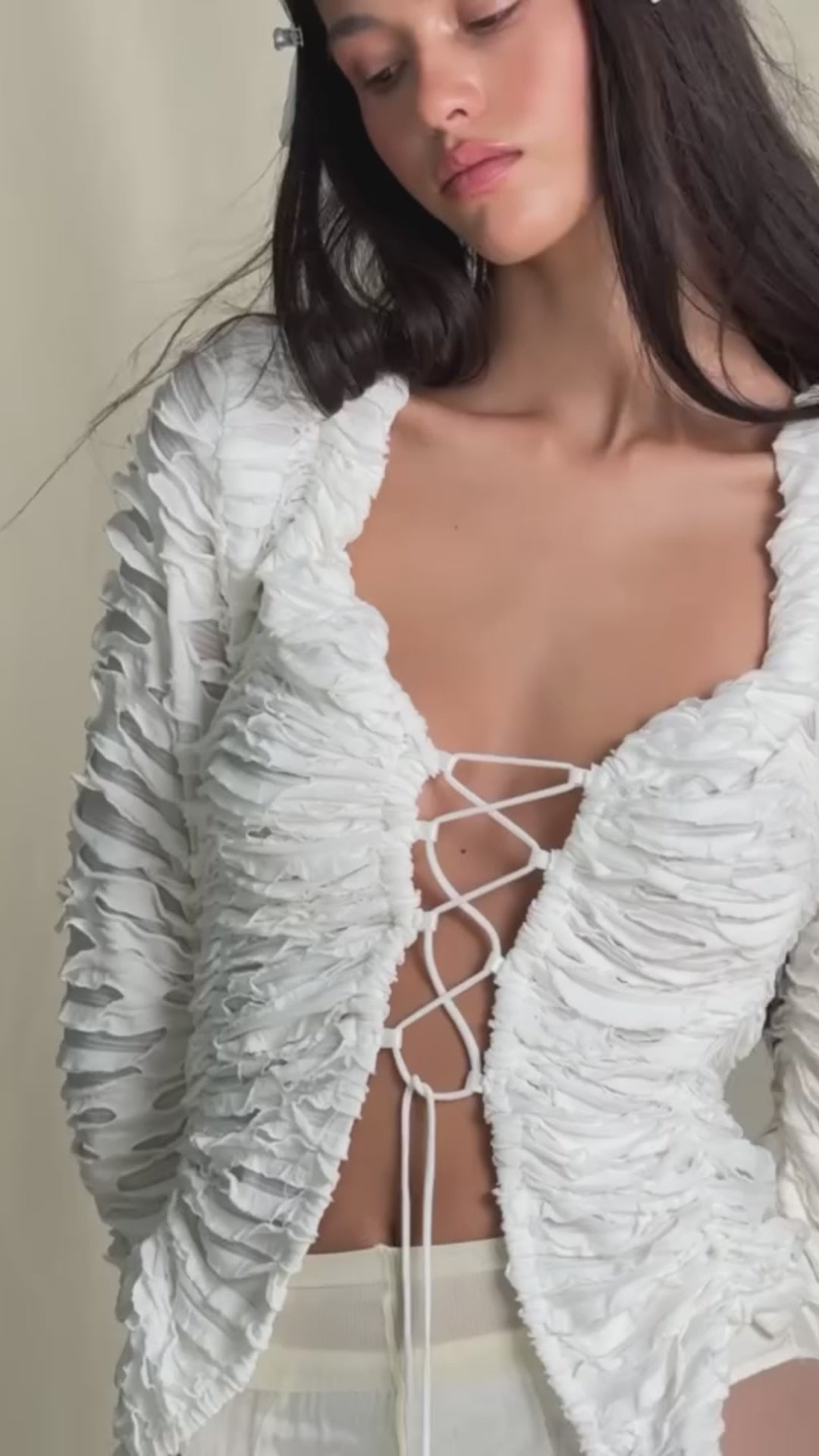 Seraphina White Ruched Lace-Up Top
