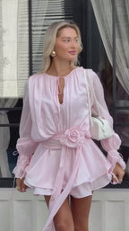 Mia Pink Long Sleeve Mini Dress with Flowered Belt
