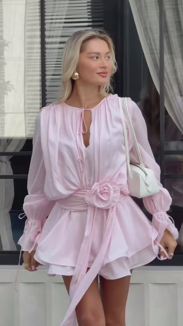 Mia Pink Long Sleeve Mini Dress with Flowered Belt